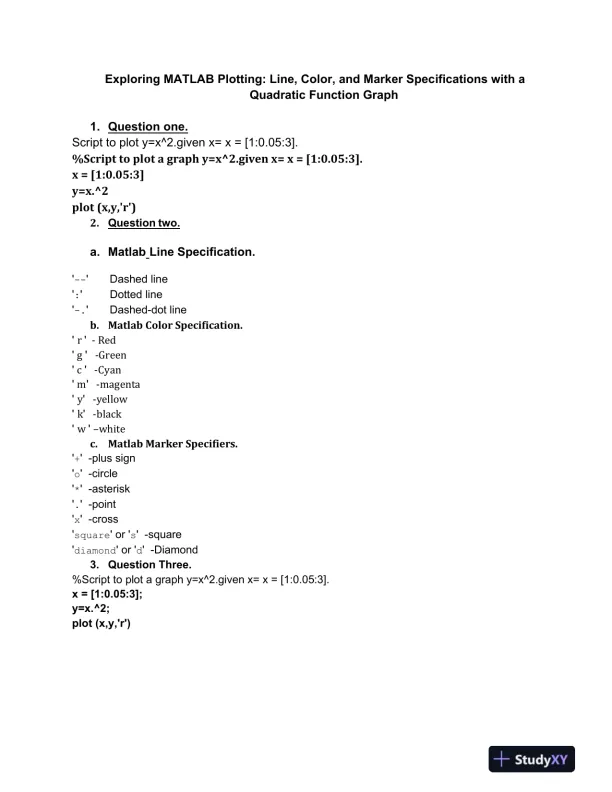 Exploring MATLAB Plotting: Line, Color, and Marker Specifications with a Quadratic Function Graph - Page 1 preview image