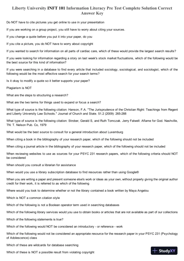 Liberty University INFT 101 Information Literacy Pre Test Complete Solution Correct Answer Key - Page 1 preview image