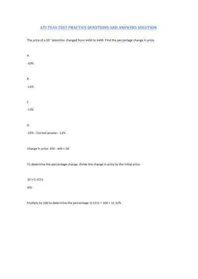 ATI TEAS Test Practice Questions and Answers Solut - Page 1 preview image