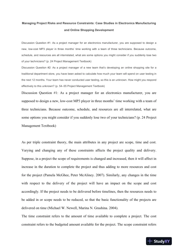 Managing Project Risks and Resource Constraints: Case Studies in Electronics Manufacturing and Online Shopping Development - Page 1 preview image