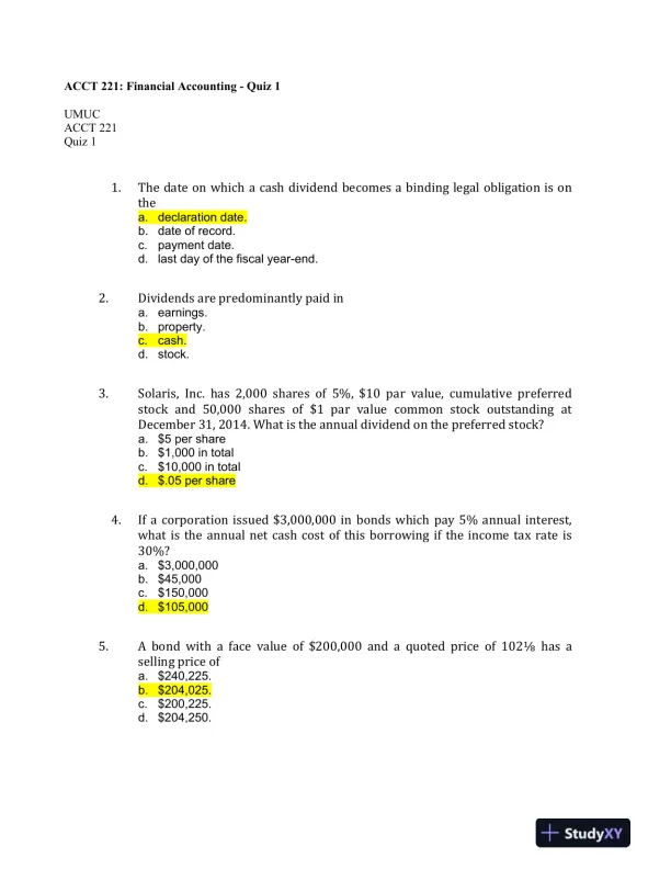 ACCT 221: Financial Accounting - Quiz 1 - Page 1 preview image