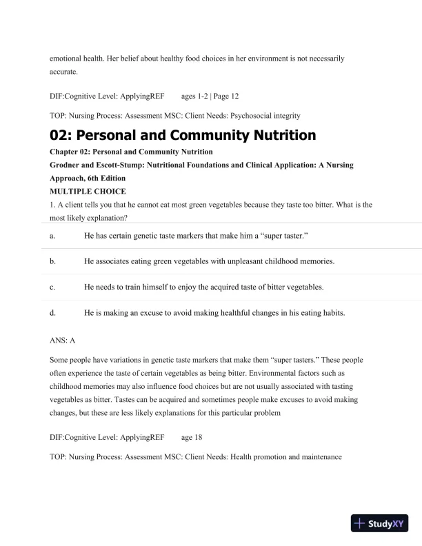 Test Bank For Nutritional Foundations And Clinical Applications: A Nursing Approach, 6th Edition - Page 20 preview image