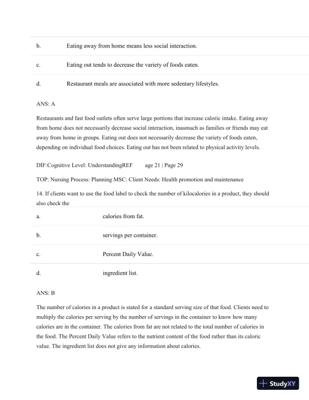 Test Bank For Nutritional Foundations And Clinical Applications: A Nursing Approach, 6th Edition - Page 28 preview image