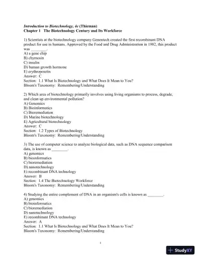 Test Bank for Introduction to Biotechnology, 4th Edition - Page 1 preview image