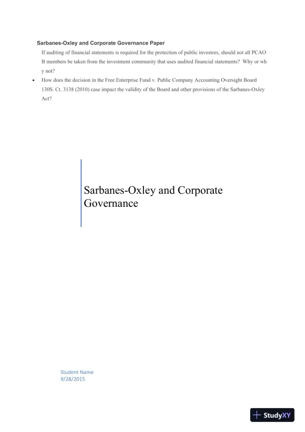 The Sarbanes-Oxley Act: PCAOB, Corporate Governance, and Legal Implications - Page 1 preview image
