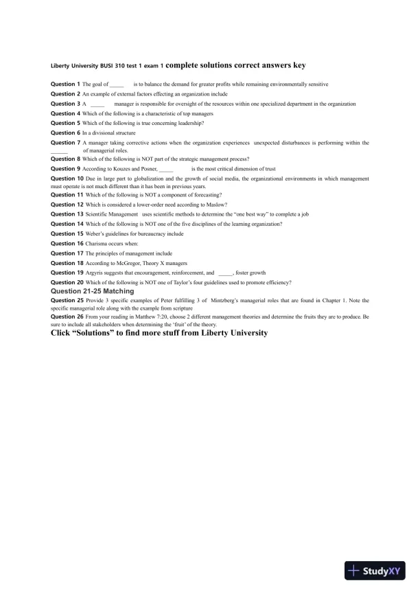 Liberty University BUSI 310 test 1 exam 1 Complete Solutions Correct Answers Key - Page 1 preview image