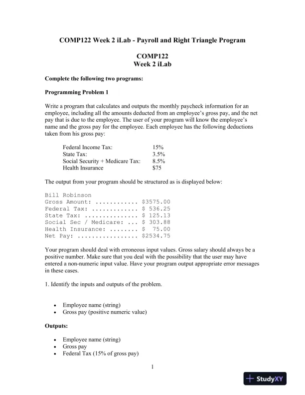 COMP122 Week 2 iLab - Payroll and Right Triangle Program - Page 1 preview image