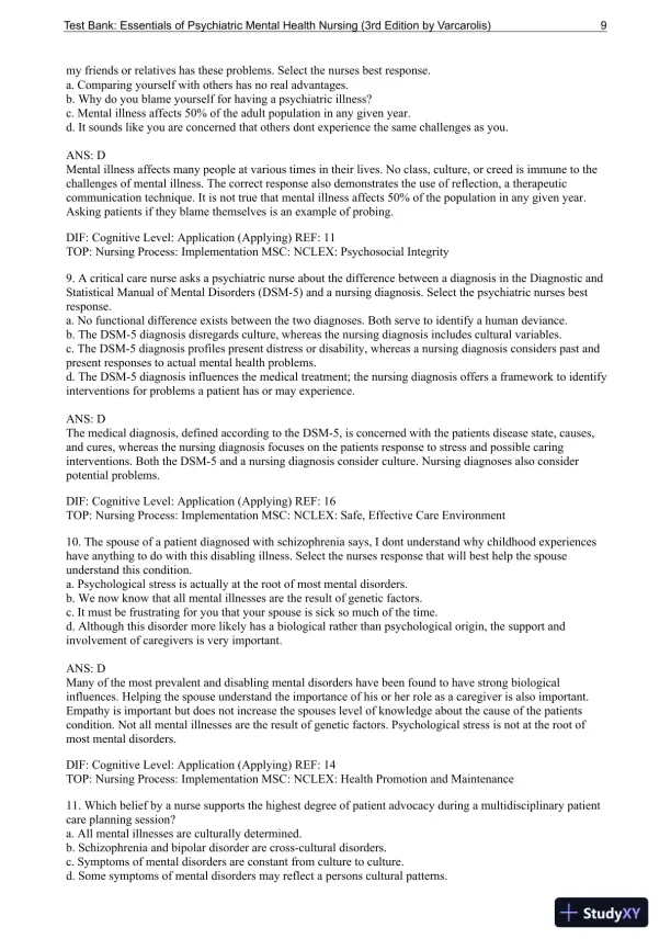 Essentials Of Psychiatric Mental Health Nursing: A Communication Approach To Evidence-Based Care, 3rd Edition Test Bank - Page 10 preview image