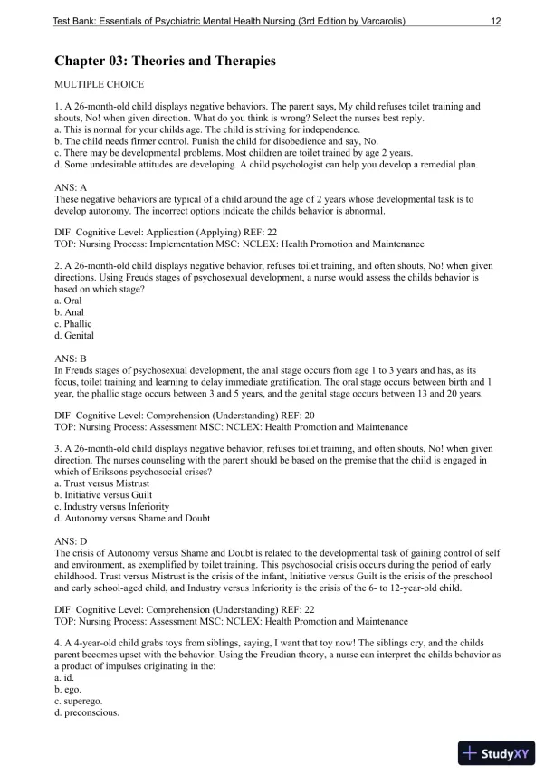 Essentials Of Psychiatric Mental Health Nursing: A Communication Approach To Evidence-Based Care, 3rd Edition Test Bank - Page 13 preview image