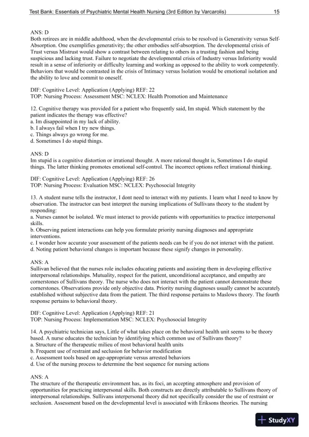 Essentials Of Psychiatric Mental Health Nursing: A Communication Approach To Evidence-Based Care, 3rd Edition Test Bank - Page 16 preview image