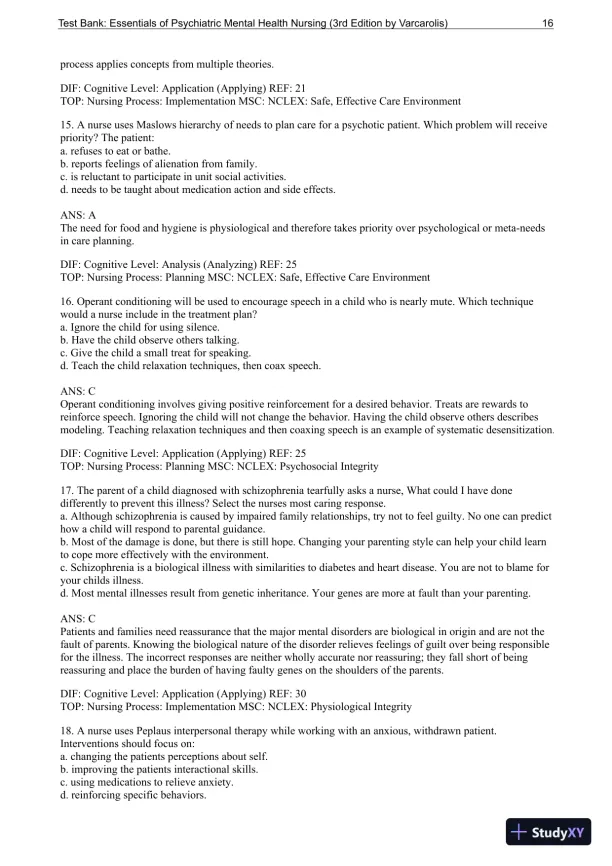 Essentials Of Psychiatric Mental Health Nursing: A Communication Approach To Evidence-Based Care, 3rd Edition Test Bank - Page 17 preview image