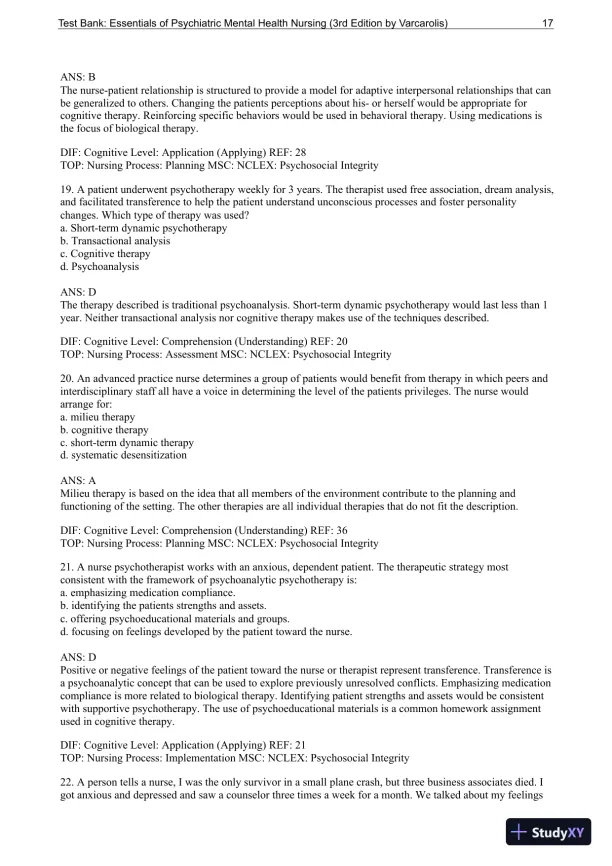Essentials Of Psychiatric Mental Health Nursing: A Communication Approach To Evidence-Based Care, 3rd Edition Test Bank - Page 18 preview image