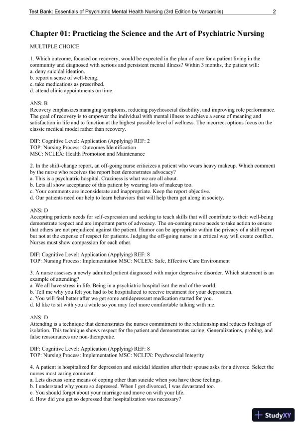 Essentials Of Psychiatric Mental Health Nursing: A Communication Approach To Evidence-Based Care, 3rd Edition Test Bank - Page 3 preview image