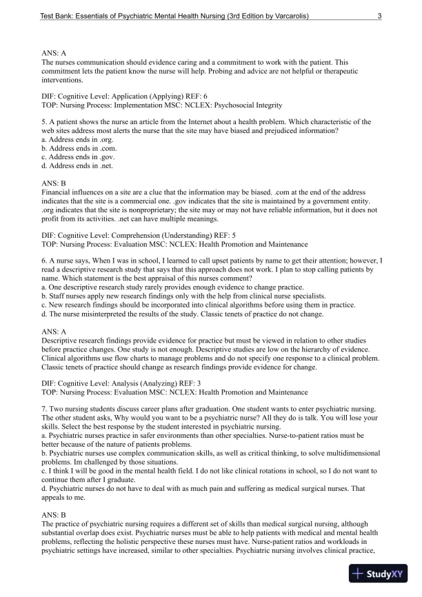 Essentials Of Psychiatric Mental Health Nursing: A Communication Approach To Evidence-Based Care, 3rd Edition Test Bank - Page 4 preview image