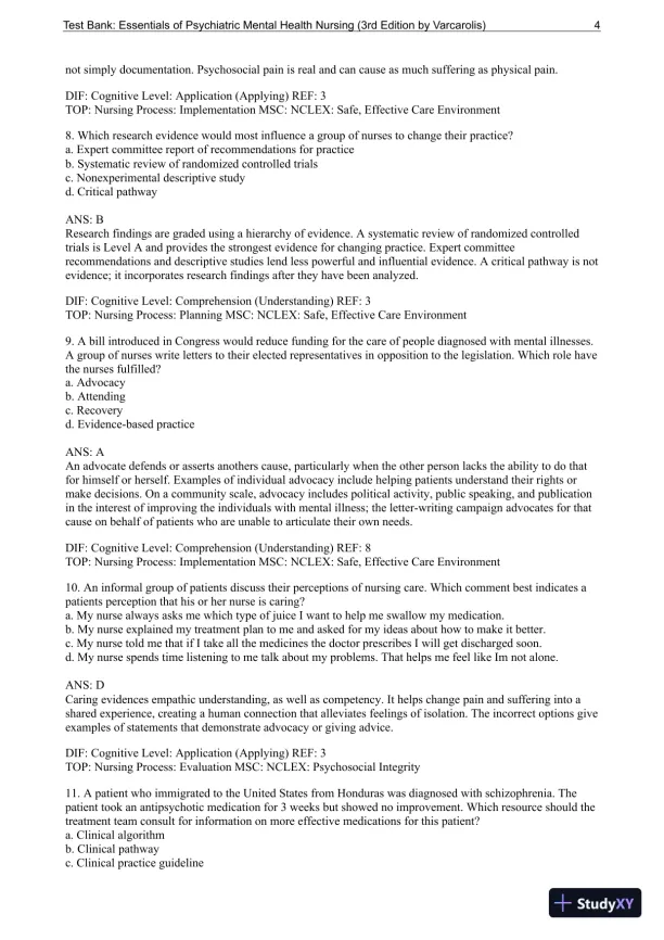 Essentials Of Psychiatric Mental Health Nursing: A Communication Approach To Evidence-Based Care, 3rd Edition Test Bank - Page 5 preview image