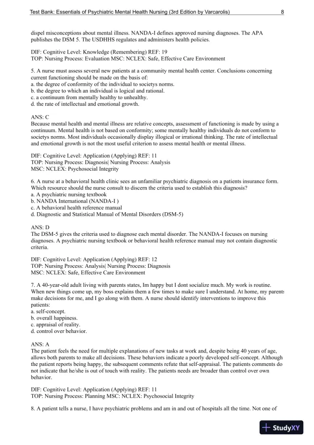 Essentials Of Psychiatric Mental Health Nursing: A Communication Approach To Evidence-Based Care, 3rd Edition Test Bank - Page 9 preview image