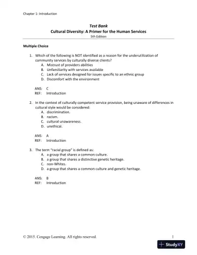 Cultural Diversity: A Primer for the Human Services 5th Edition Test Bank - Page 1 preview image