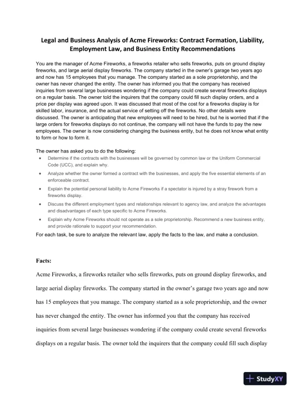 Legal and Business Analysis of Acme Fireworks: Contract Formation, Liability, Employment Law, and Business Entity Recommendations - Page 1 preview image