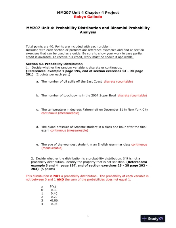 MM207 Unit 4: Probability Distribution and Binomial Probability Analysis - Page 1 preview image