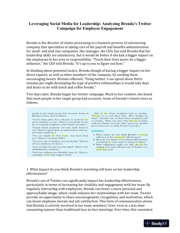 Leveraging Social Media for Leadership: Analyzing Brenda�s Twitter Campaign for Employee Engagement - Page 1 preview image