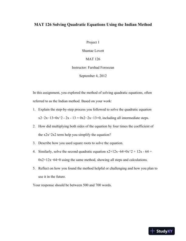 MAT 126 Solving Quadratic Equations Using the Indian Method - Page 1 preview image
