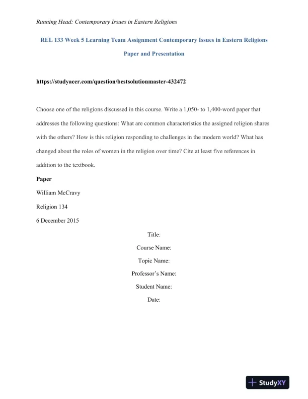 REL 133 Week 5 Learning Team Assignment Contemporary Issues in Eastern Religions Paper and Presentation - Page 1 preview image