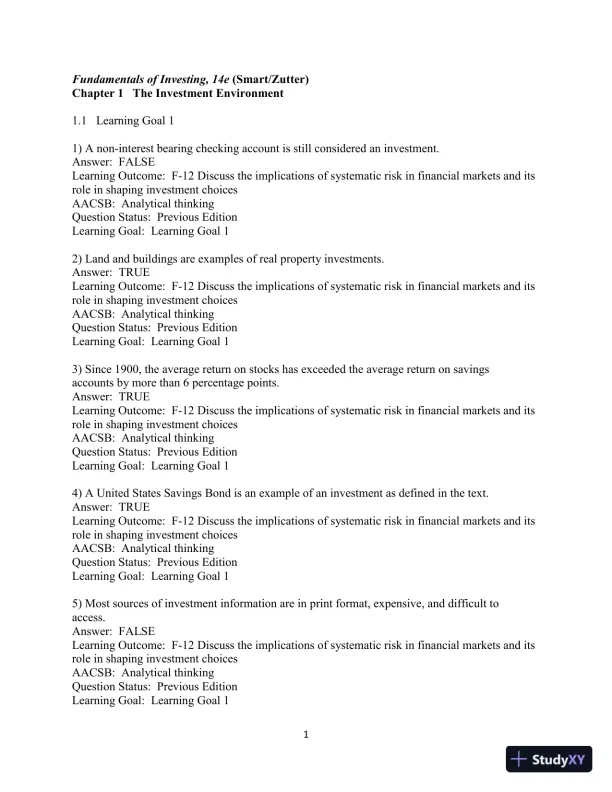 Test Bank For Fundamentals of Investing, 14th Edition - Page 1 preview image