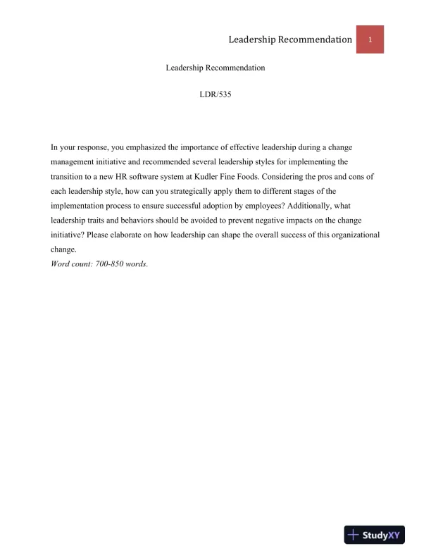 LDR/535 Leadership Recommendation - Page 1 preview image