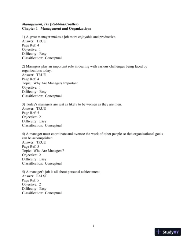 Test Bank For Management, 11th Edition - Page 1 preview image
