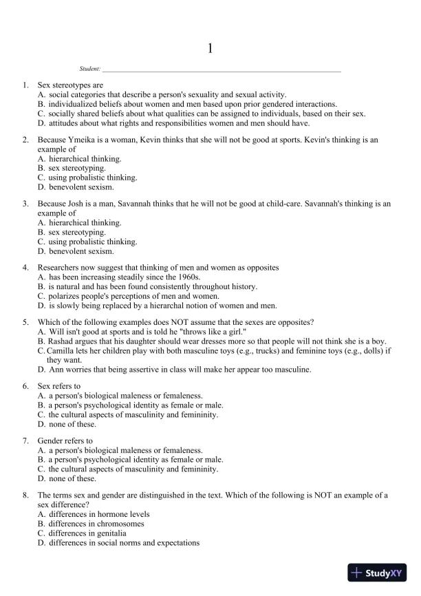 Sex and Gender 6th Edition Test Bank - Page 1 preview image