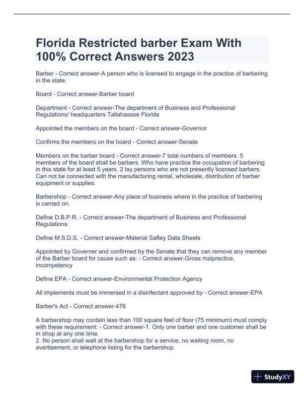 2023 Florida Restricted Barber Practice Exam with Answers (64 Solved Questions) - Page 1 preview image
