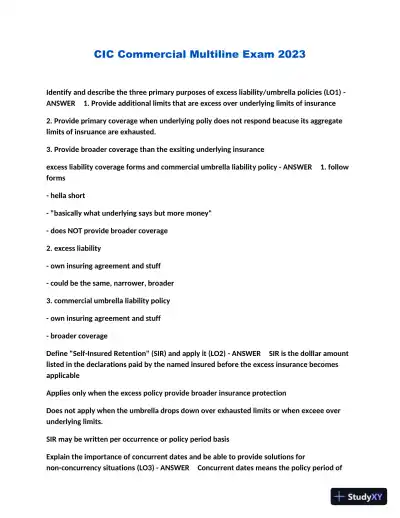 2023 CIC Commercial Multiline Exam with Answers (110 Solved Questions) - Page 1 preview image