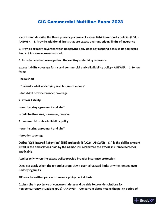 2023 CIC Commercial Multiline Exam with Answers (110 Solved Questions) - Page 1 preview image