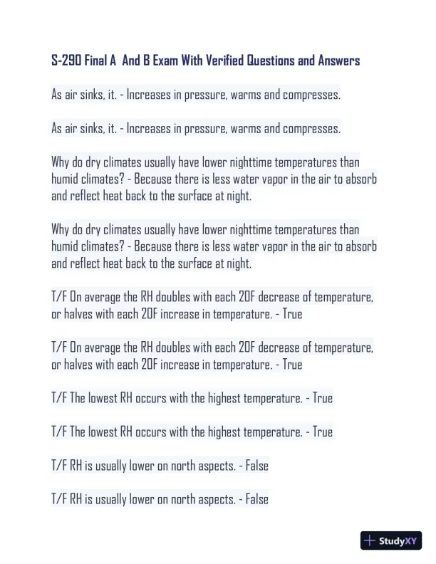 S290 Final A and B Practice Exam With Answers (224 Solved Questions) - Page 1 preview image