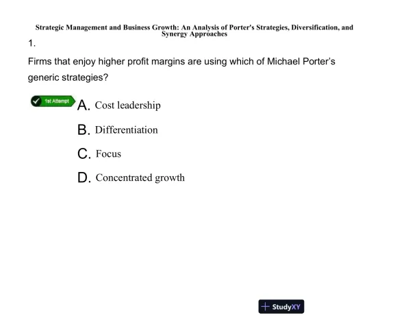 Strategic Management and Business Growth: An Analysis of Porter's Strategies, Diversification, and Synergy Approaches - Page 1 preview image