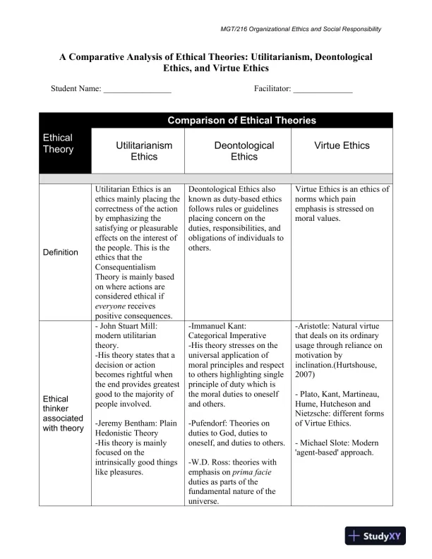 A Comparative Analysis of Ethical Theories: Utilitarianism, Deontological Ethics, and Virtue Ethics - Page 1 preview image