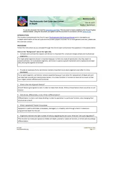 Eukaryotic Cell Cycle and Cancer In Depth Workshee - Page 1 preview image