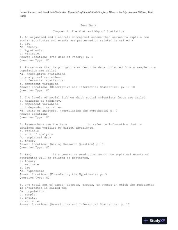 Essentials of Social Statistics for a Diverse Society Second Edition Test Bank - Page 1 preview image