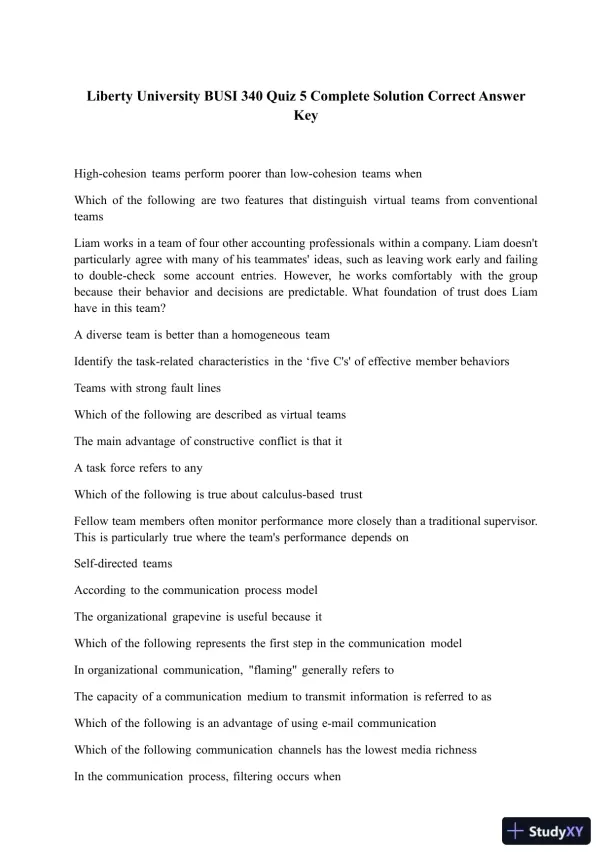 Liberty University BUSI 340 Quiz 5 Complete Solution Correct Answer Key - Page 1 preview image