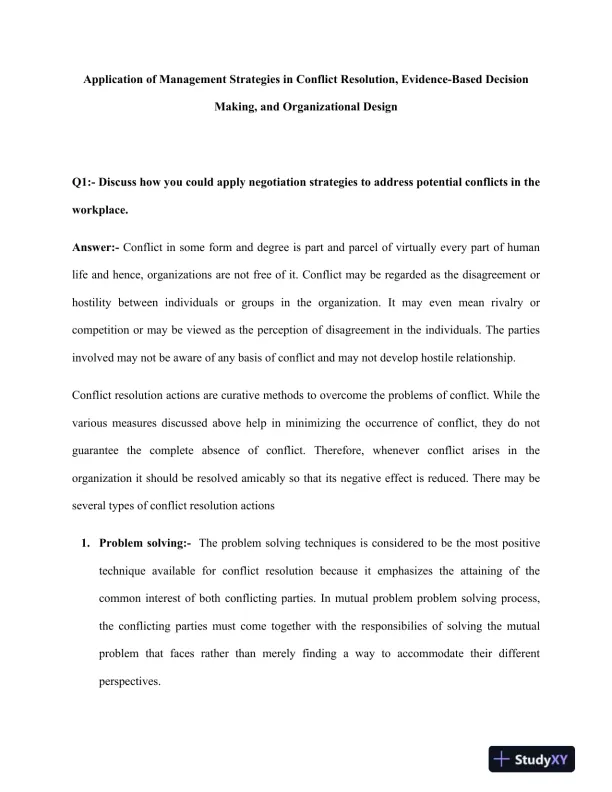 Application of Management Strategies in Conflict Resolution, Evidence-Based Decision Making, and Organizational Design - Page 1 preview image