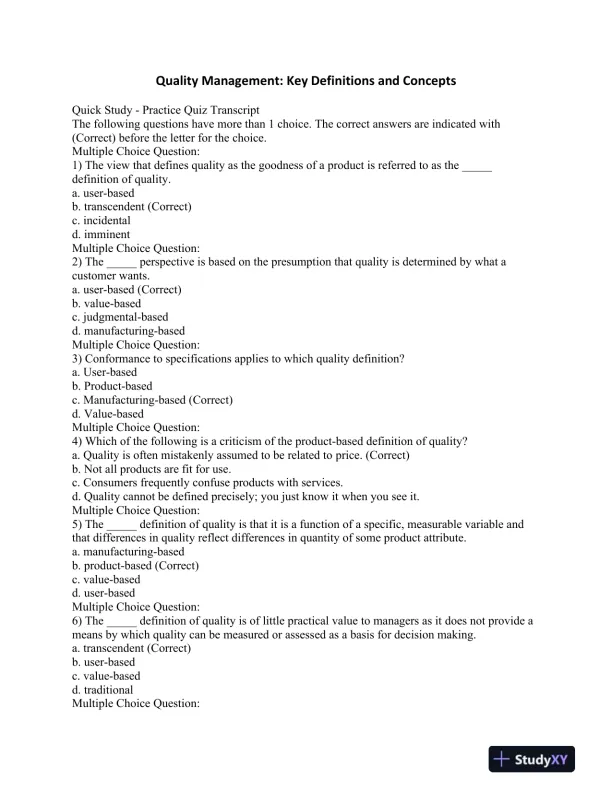 Quality Management: Key Definitions and Concepts - Page 1 preview image