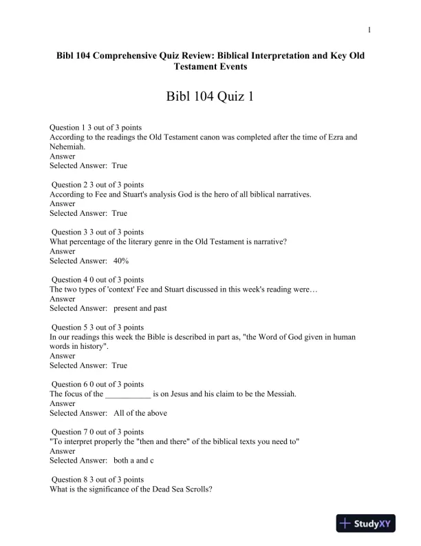 Bibl 104 Comprehensive Quiz Review: Biblical Interpretation and Key Old Testament Events - Page 1 preview image
