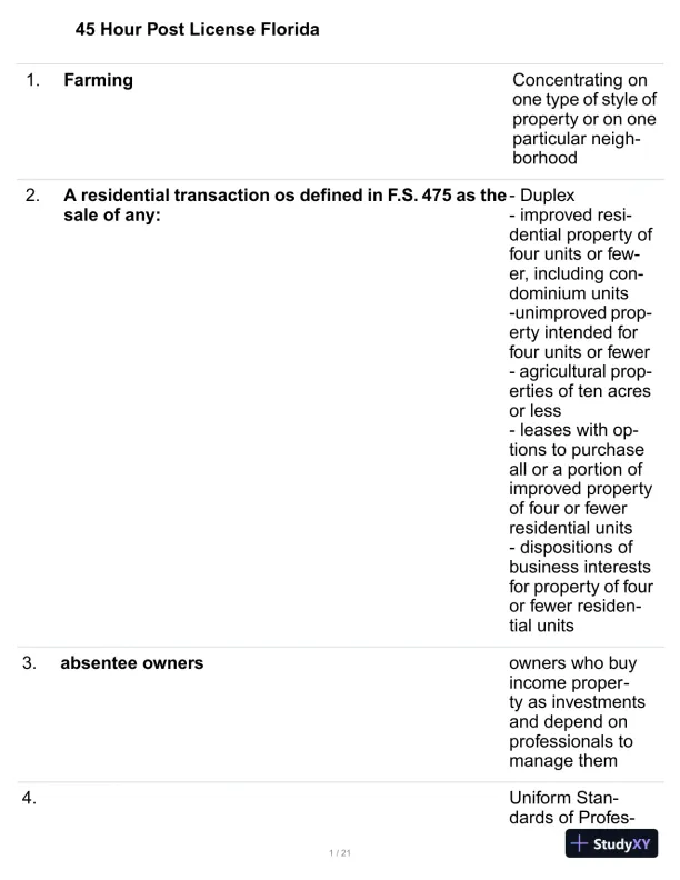 45 Hour Post License Florida Practice Exam with Answers (140 Solved Questions) - Page 1 preview image