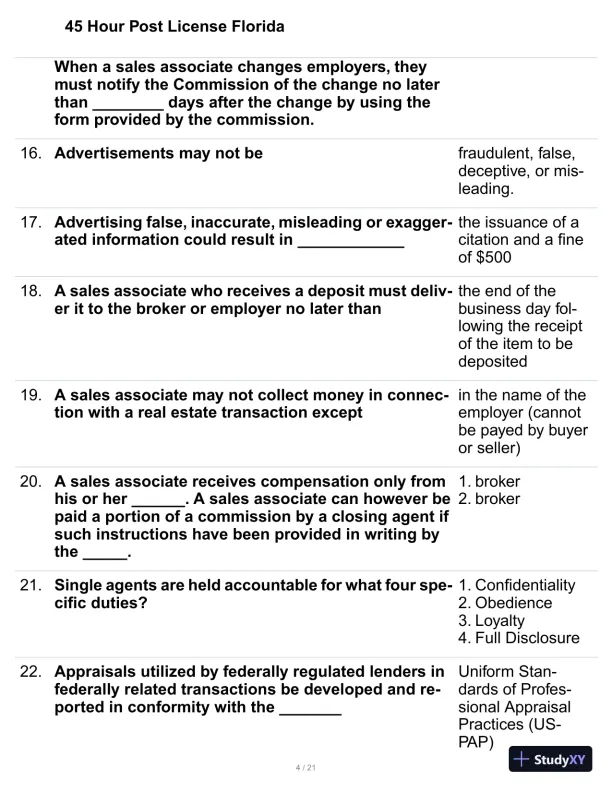45 Hour Post License Florida Practice Exam with Answers (140 Solved Questions) - Page 5 preview image