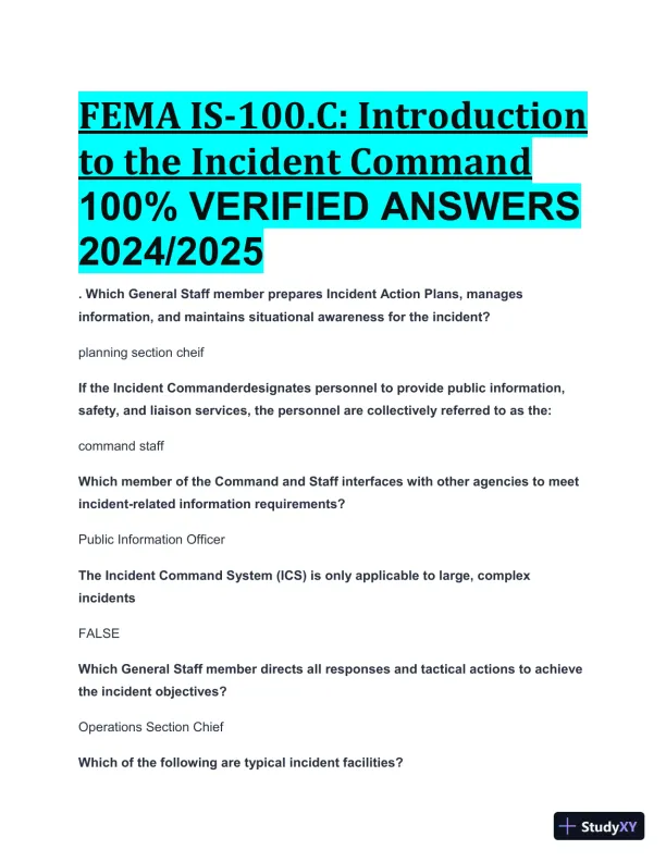 2024-2025 FEMA IS-100.C: Introduction to the Incident Command Practice Exam with Answers (41 Solved Questions) - Page 1 preview image