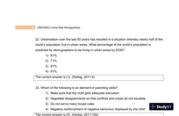 2023 CMY2601 Crime Risk Perspectives Practice Exam with Answers (130 Solved Questions) - Page 11 preview image