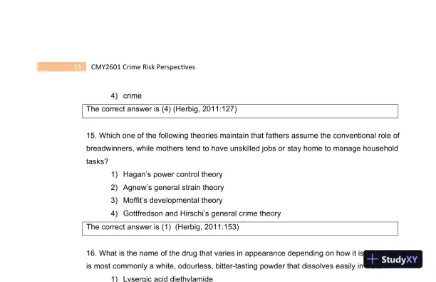 2023 CMY2601 Crime Risk Perspectives Practice Exam with Answers (130 Solved Questions) - Page 15 preview image