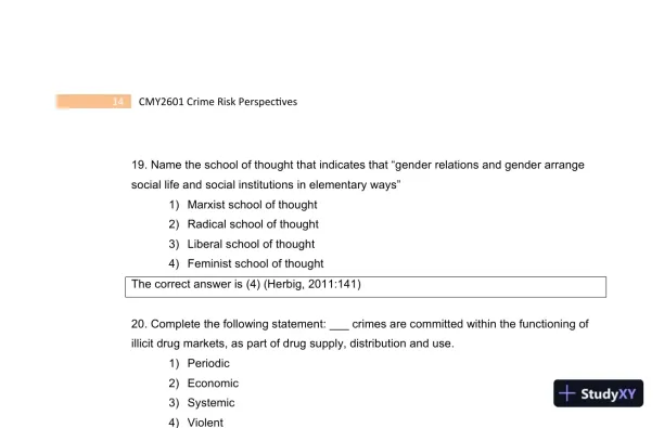 2023 CMY2601 Crime Risk Perspectives Practice Exam with Answers (130 Solved Questions) - Page 16 preview image