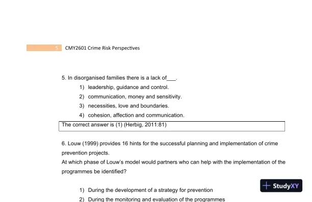 2023 CMY2601 Crime Risk Perspectives Practice Exam with Answers (130 Solved Questions) - Page 7 preview image