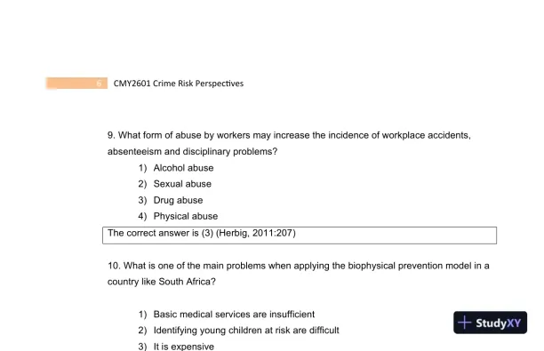 2023 CMY2601 Crime Risk Perspectives Practice Exam with Answers (130 Solved Questions) - Page 8 preview image